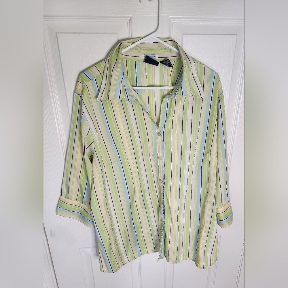 Cotton Express Striped Stretch Button Up Collared Womens Blouse 18W